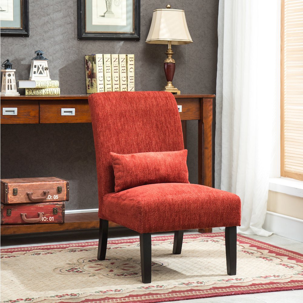 Pisano Red Fabric Armless Accent Chair with Matching Kidney Pillow. Picture 2