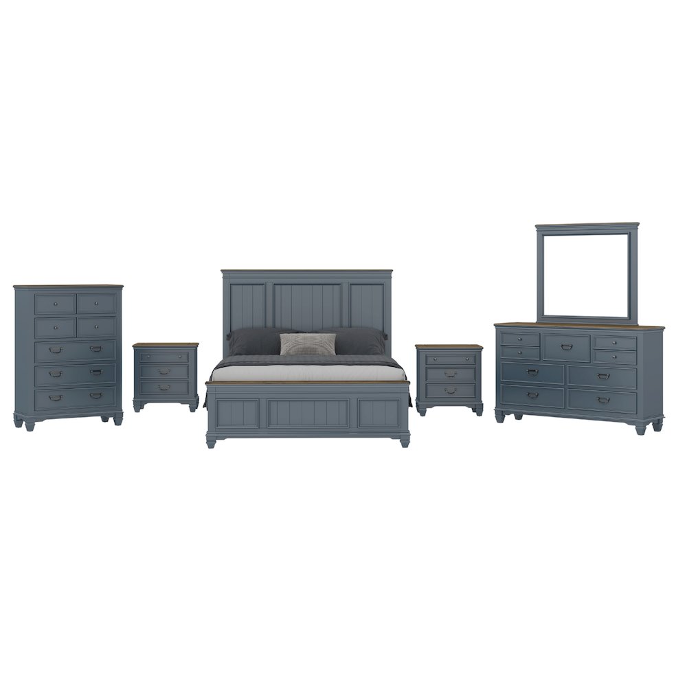 Clelane Wood Bedroom Set Panel Queen Bed, Dresser, Mirror, 2 Nightstands, Chest