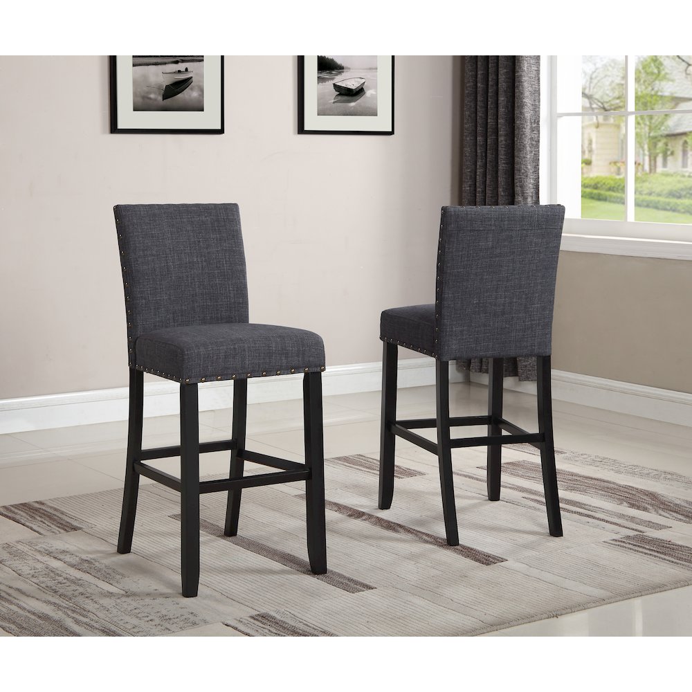 Biony 3-Pc 36" Round Espresso Finish Bar Table with 2 Gray Pub Chairs. Picture 2