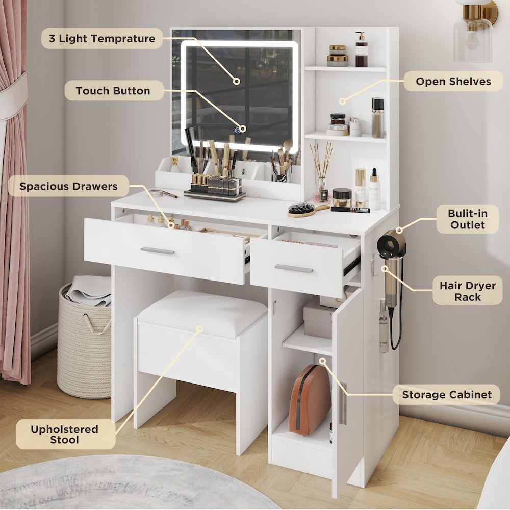 Makeup Vanity Set, Vanity Desk with Stool, LED Light Mirror, White. Picture 9