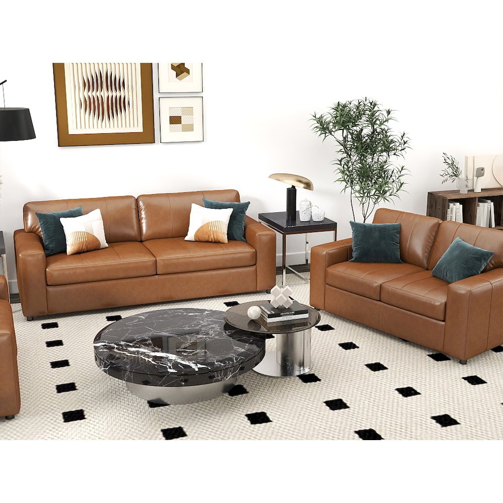 Sakan Leather 3-Pc Living Room Set, Sofa Loveseat and Chair, Caramel. Picture 4
