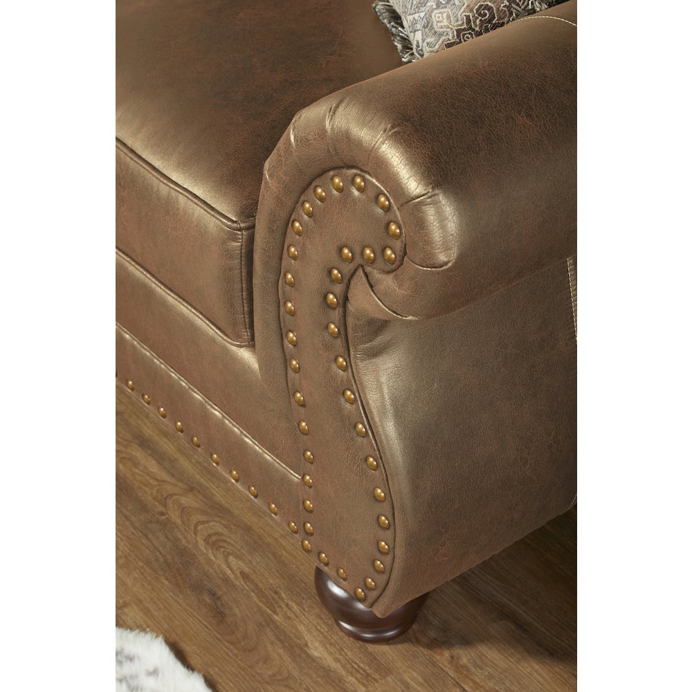 Leinster Faux Leather Loveseat with Antique Bronze Nailheads in Jetson Ginger. Picture 4