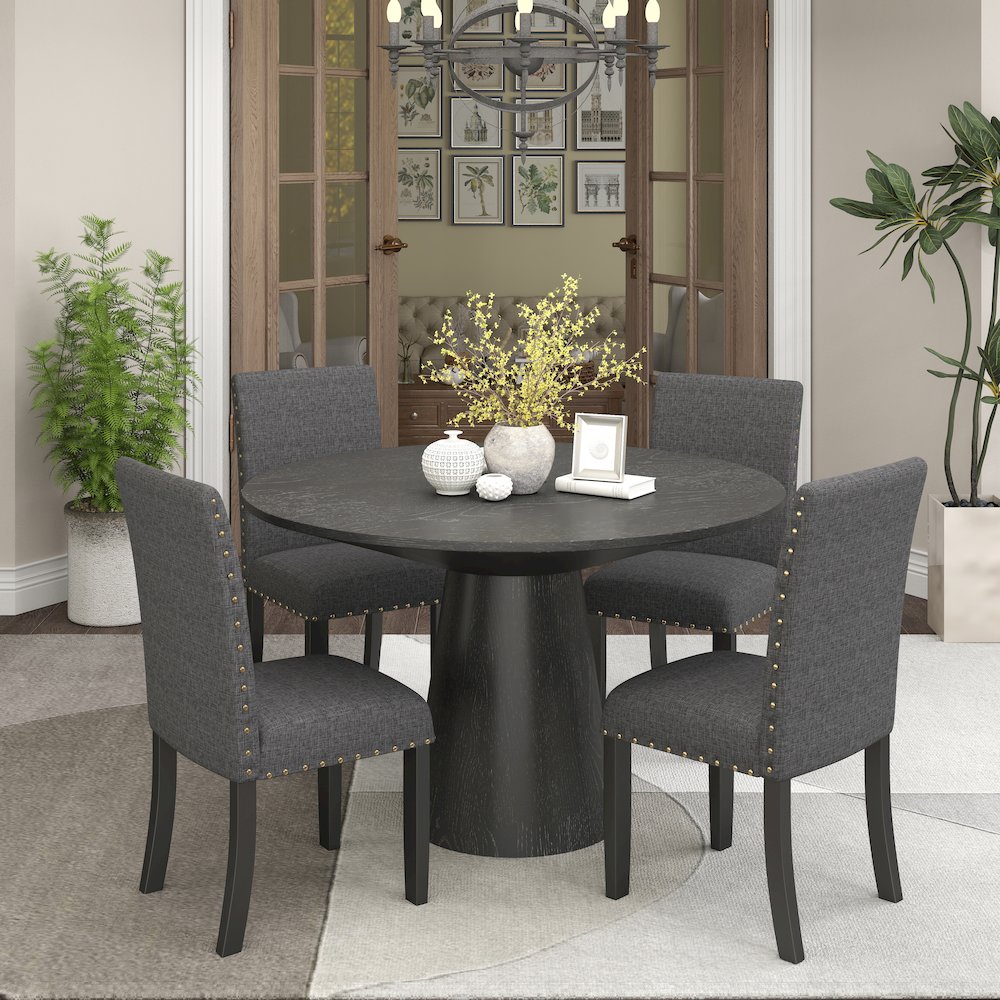 Nuevo 5-Piece Round Dining Set, Pedestal Dining Table with 4 Chairs, Gray. Picture 2
