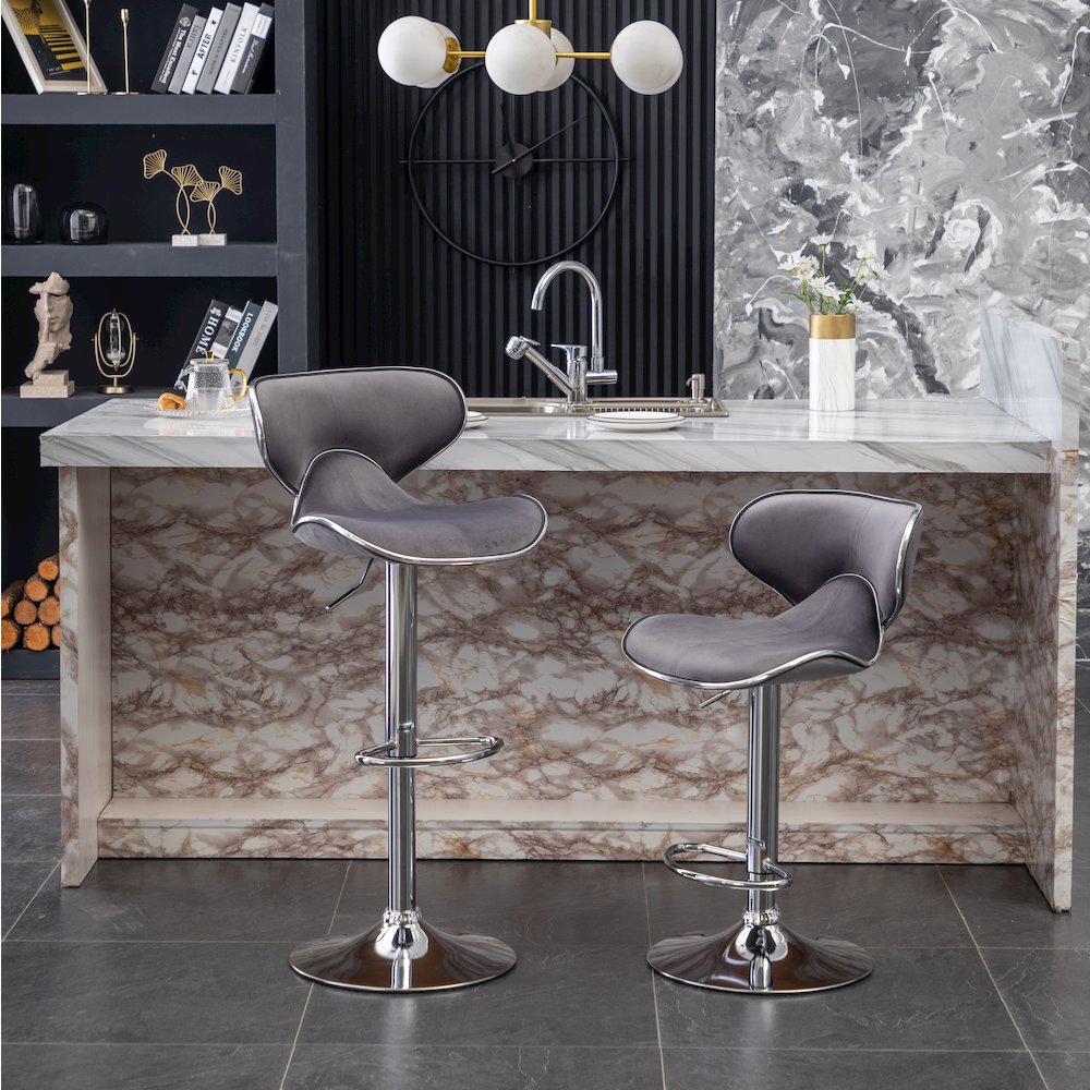 Masaccio Velvet Upholstered Adjustable Swivel Barstool, Set of 2, Gray. Picture 2