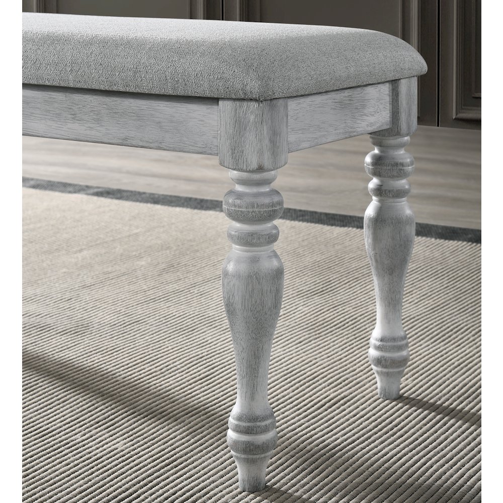 Salines Upholstered Turned Leg Dining Bench, Rustic White. Picture 2