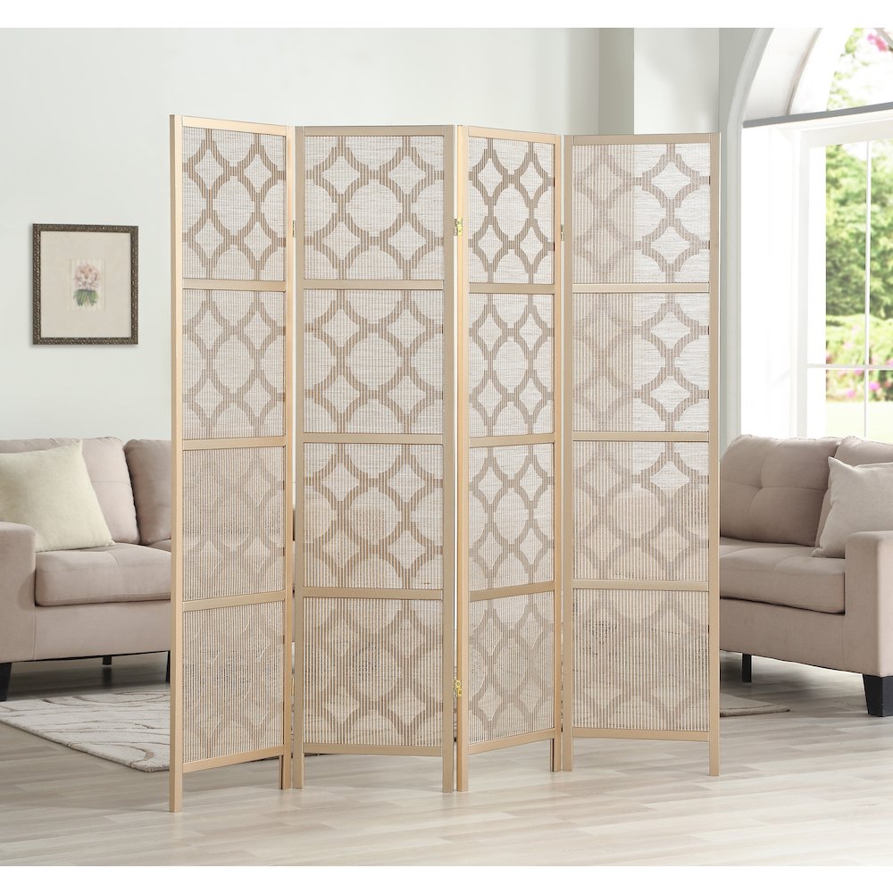 Quarterfoil infused Diamond Design 4-Panel Room Divider, Gold. Picture 3