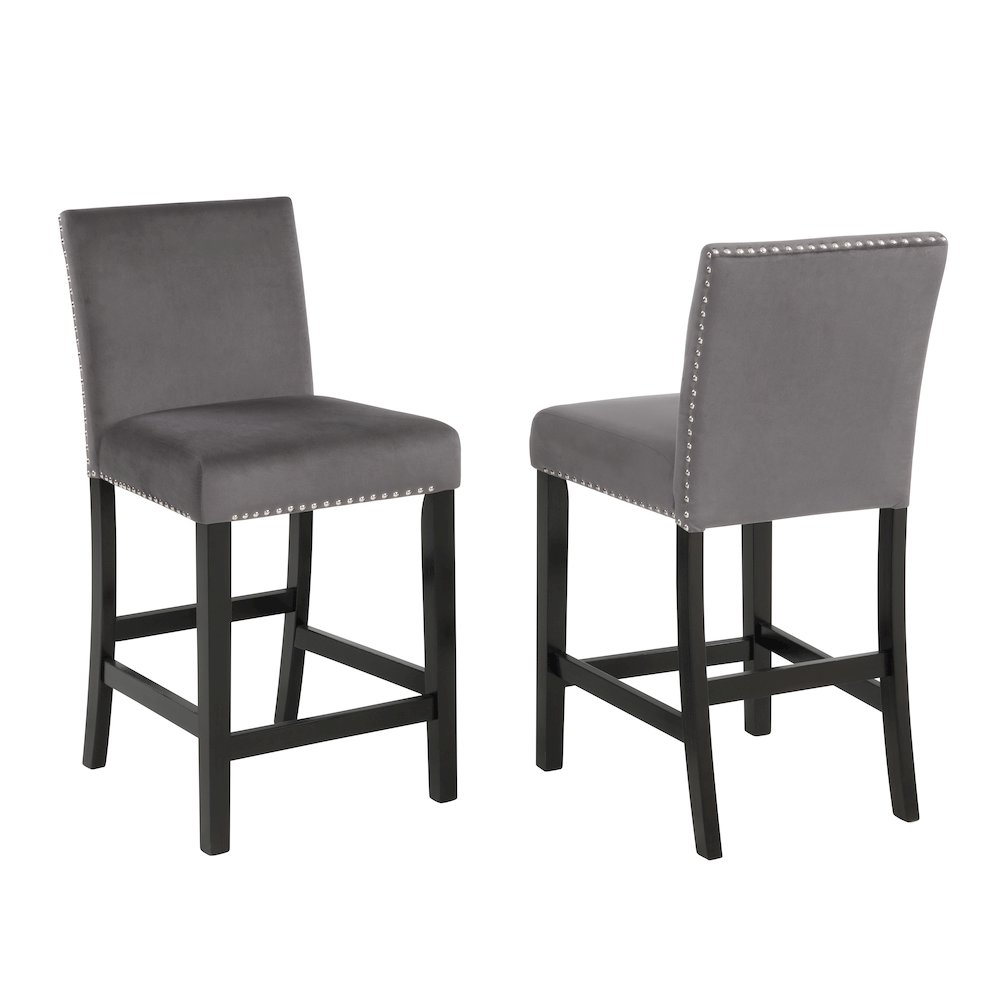 Cobre Contemporary Velvet Counter Stool with Nailhead Trim, Set of 2, Gray. Picture 1