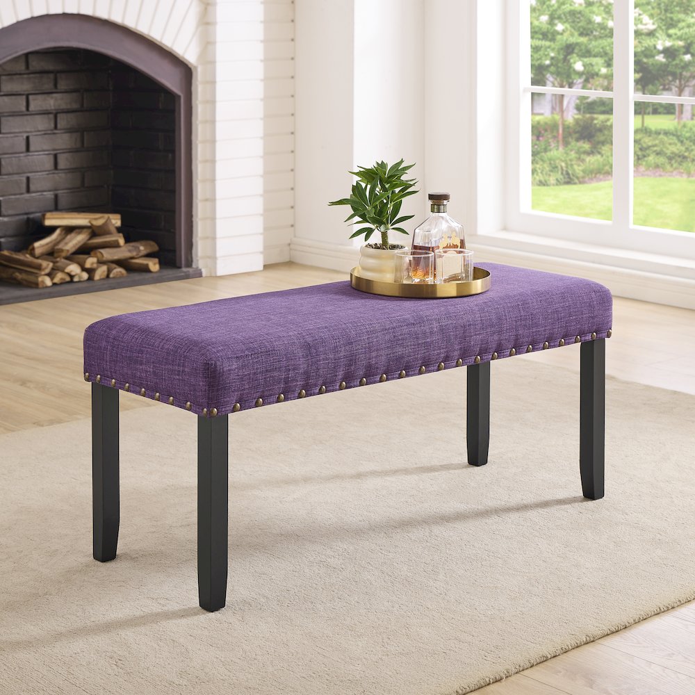 Biony Fabric Dining Bench with Nailhead Trim, Purple. Picture 2