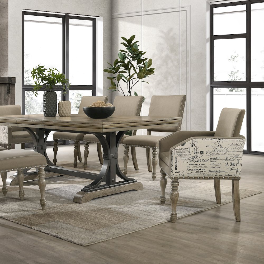 8-Piece Extendable Table with Nailhead Bench and Armchairs Dining Set, Driftwood. Picture 3