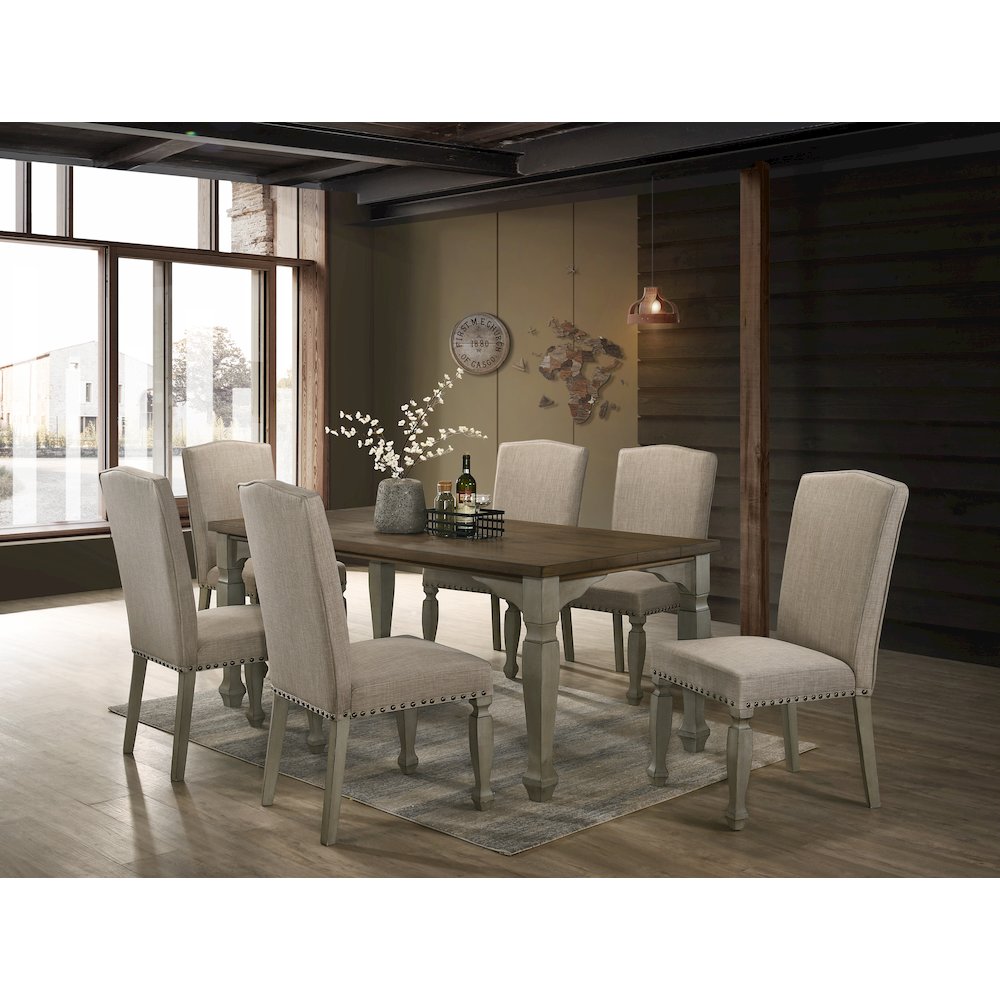 Breda Antique Gray and Dark Oak Finished Wood Dining Set, Table with Six Chairs. Picture 2