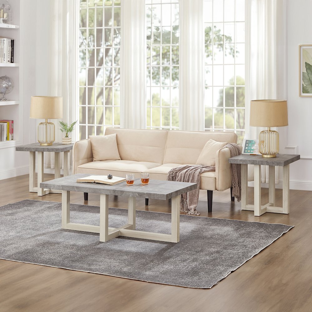 3-Piece Coffee Table Set, Coffee Table, Two End Tables, Faux Concrete and White. Picture 2