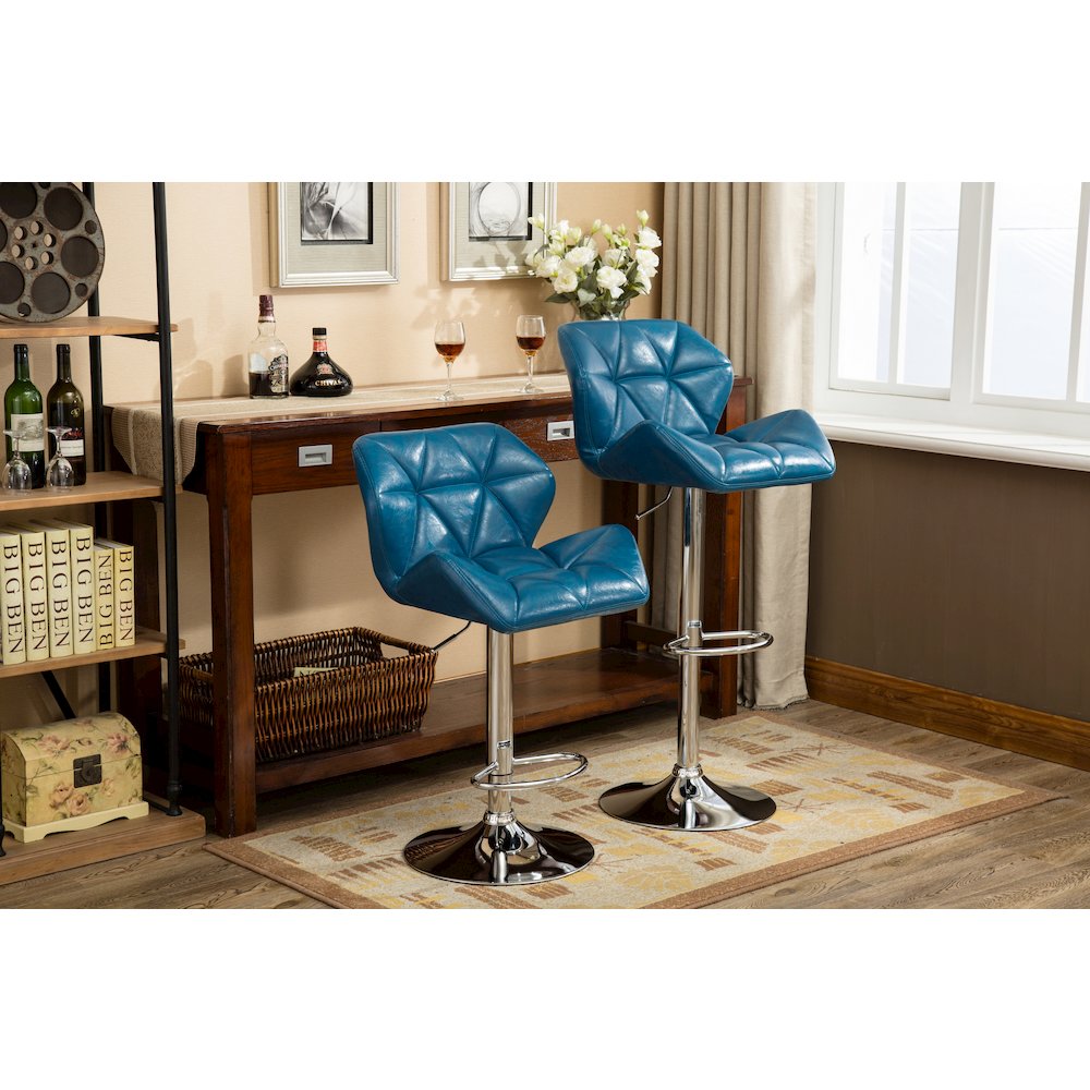 Glasgow Contemporary Tufted Adjustable Height Blue Bar Stools, Set of 2. Picture 3