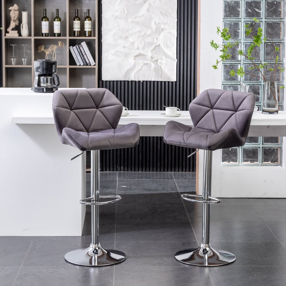 Breni Velvet Diamond Tufted Swivel Adjustable Height Barstool, Set of 2, Gray. Picture 2