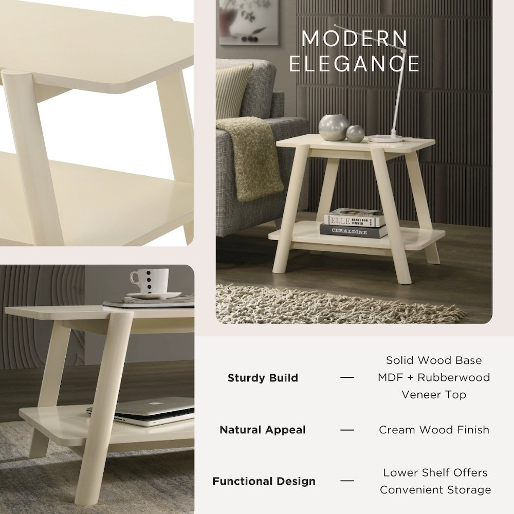 Metz Mid-Century Modern Wood Shelf End Table, Off-White Finish. Picture 3