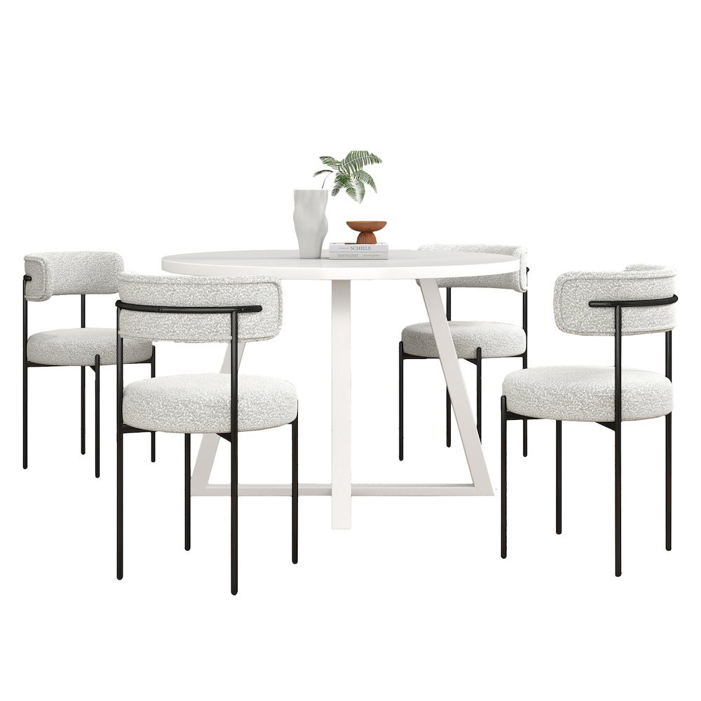 Durban 5-Pc Round Dining Set, Trestle Dining Table with 4 Boucle Chairs. Picture 1