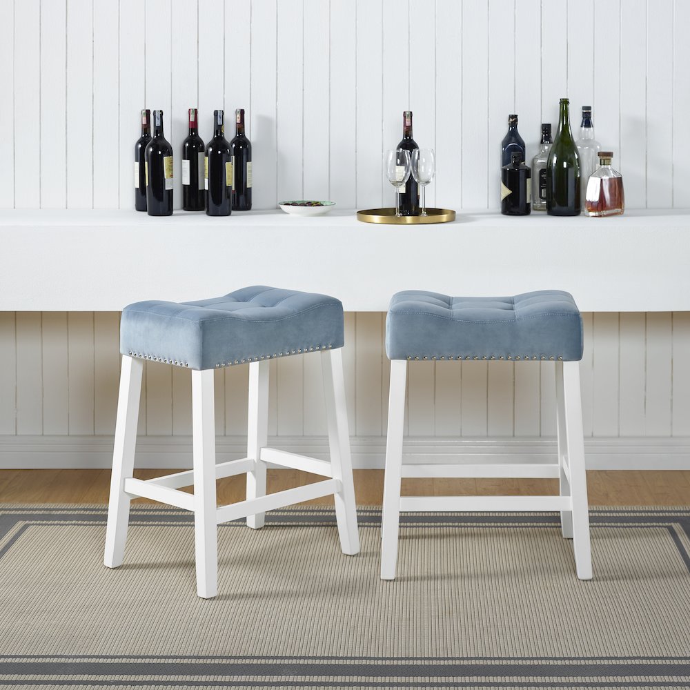 Morovo Velvet Counter Height Stools Saddle Seats, Set of 2, Blue. Picture 2