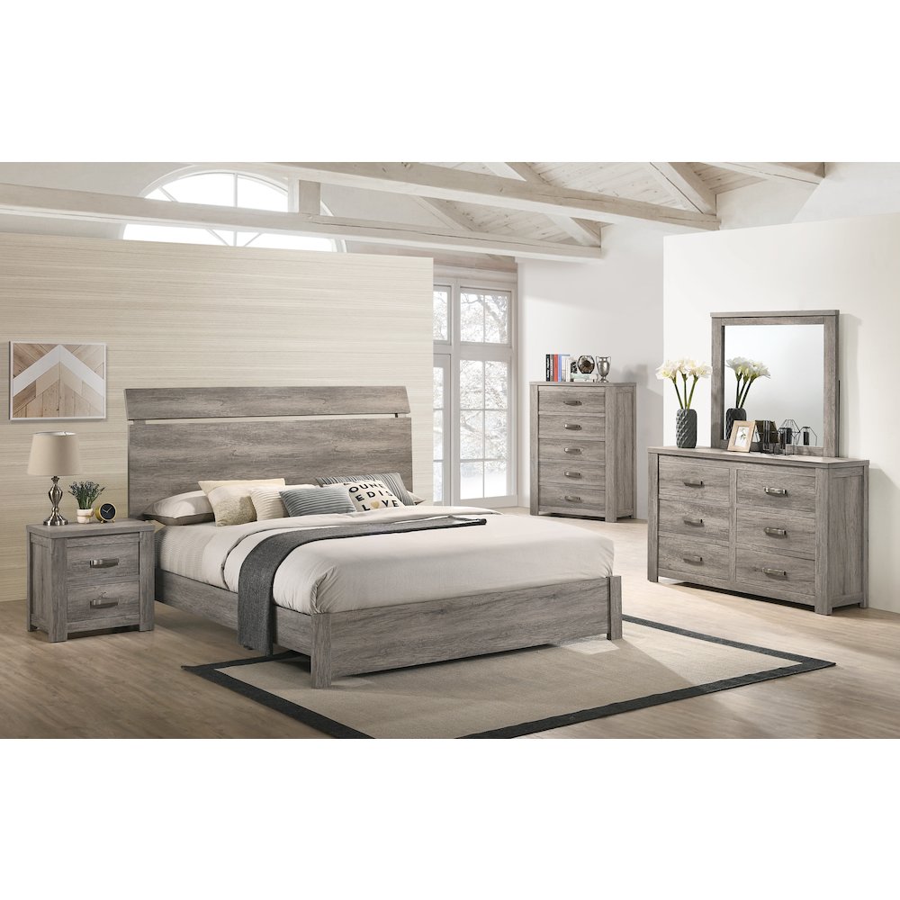 Weathered Gray Wood Bedroom Set, Queen Bed, Dresser, Mirror, Nightstand, Chest. Picture 2