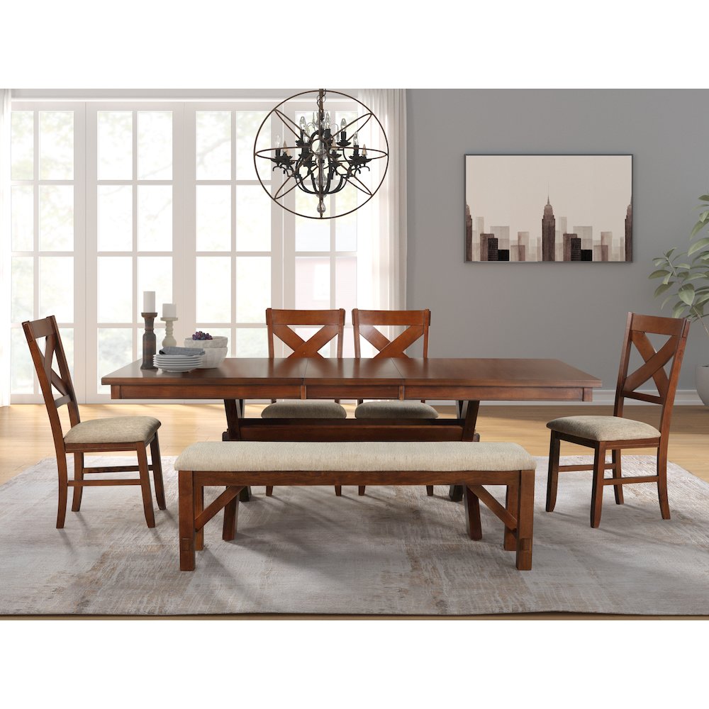 6-Piece Dining Set, Extendable Trestle Dining Table, 4 Chairs, Bench. Picture 3