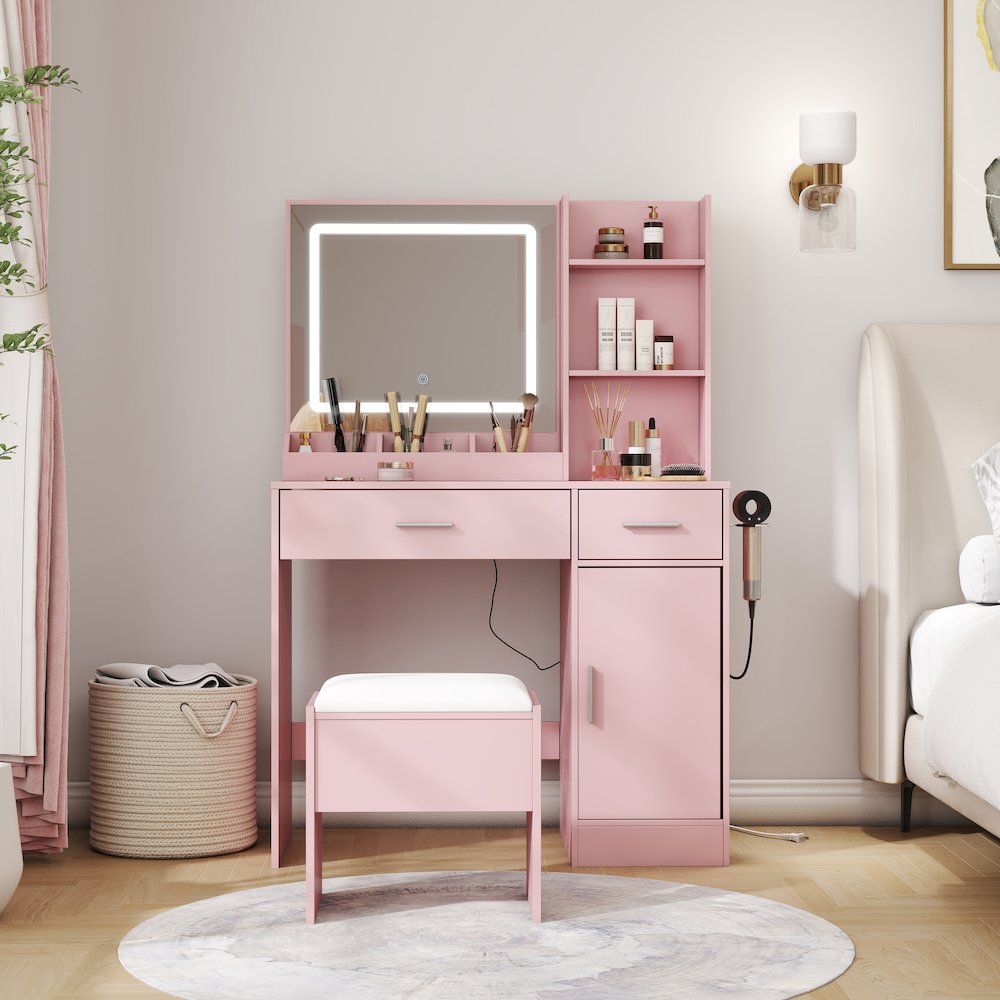Makeup Vanity Set, Vanity Desk, Stool, LED Light Mirror, Pink. Picture 3