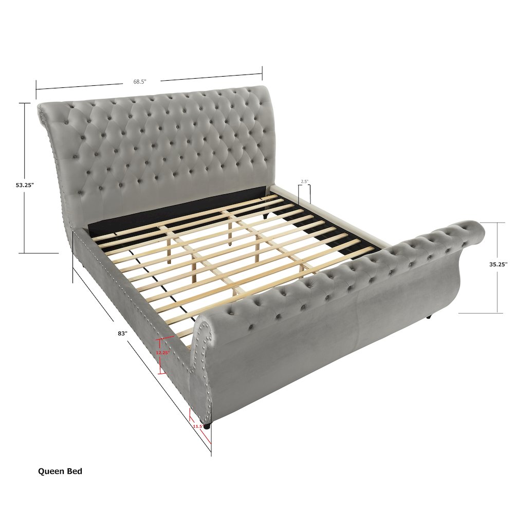 Evora Gray Velvet Upholstered Button Tufted Sleigh Bed, Queen. Picture 6