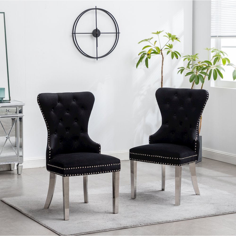 Montura Contemporary Tufted Velvet Chair with Nailhead Trim, Set of 2, Black. Picture 2