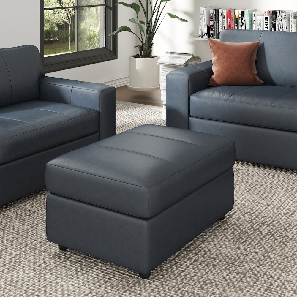 Sakan Leather Upholstered Ottoman, Blue. Picture 6