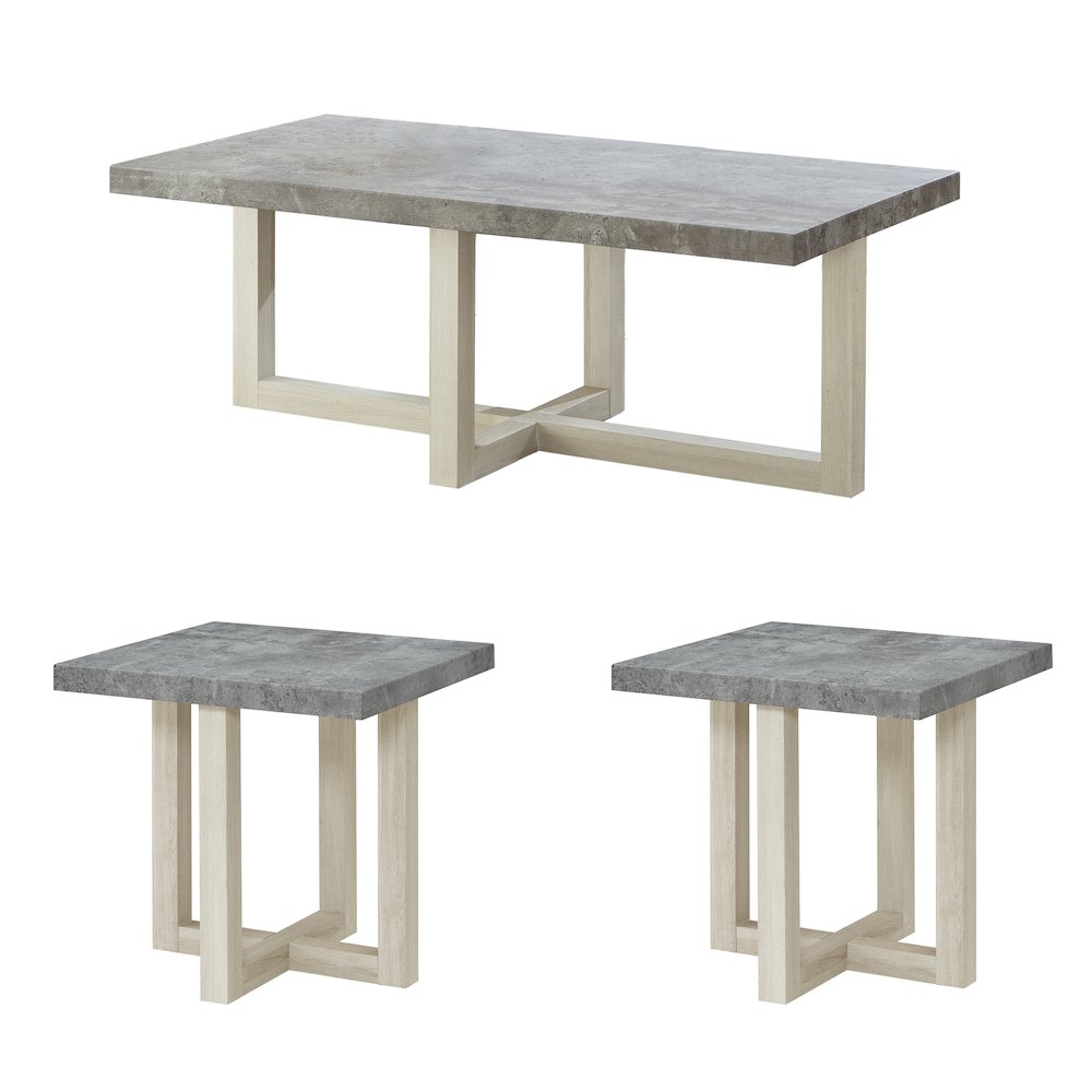 3-Piece Coffee Table Set, Coffee Table, Two End Tables, Faux Concrete and White. Picture 1