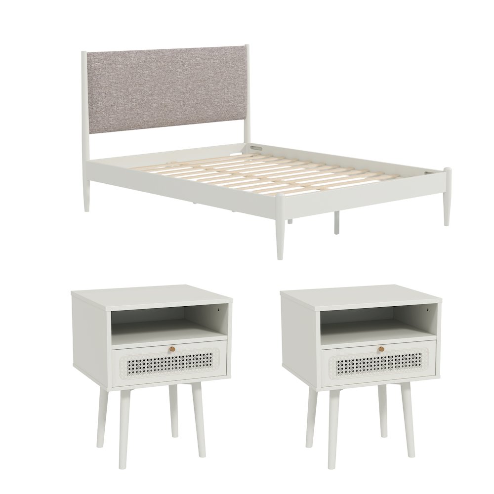 Feeney 3-Pc Bedroom Set, Platform Bed with Two Nightstands, Cream White, Queen. Picture 11