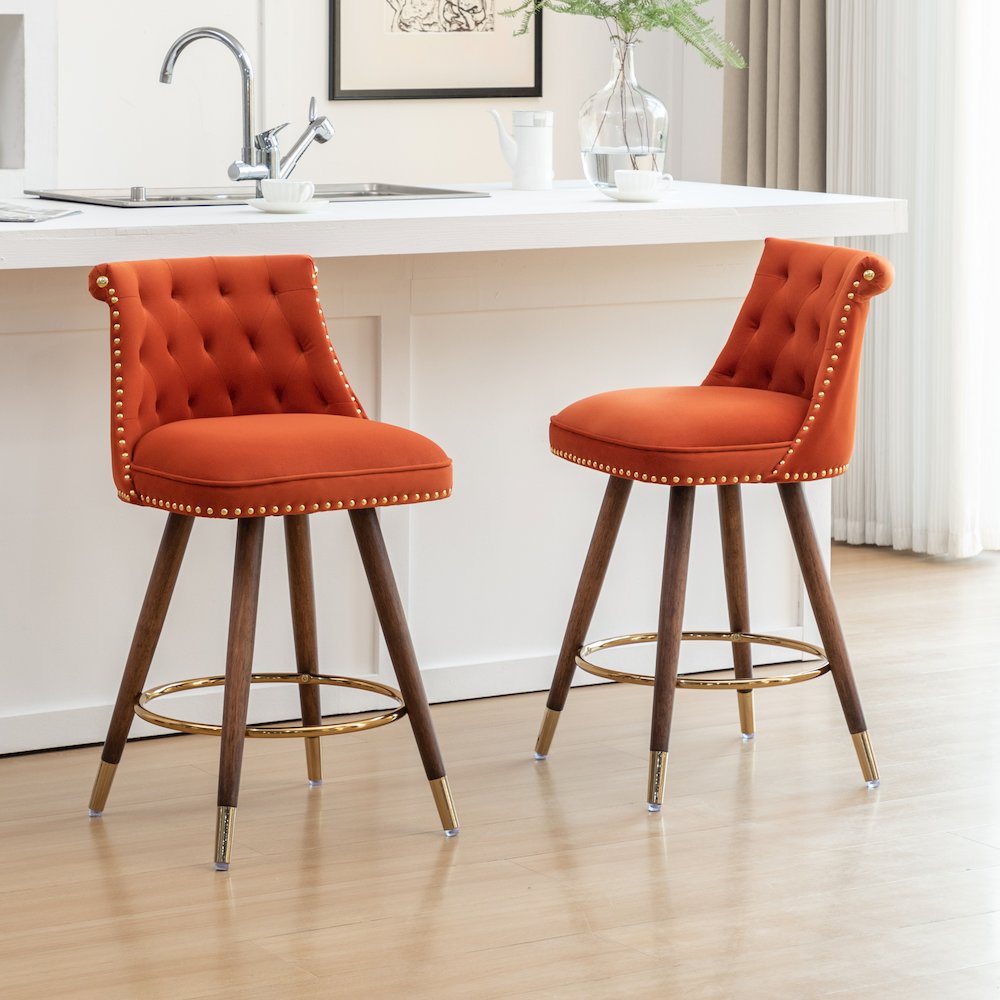 Elvara Set of 2 Button-Tufted Counter Stools with Nailhead Trim - Orange. Picture 3