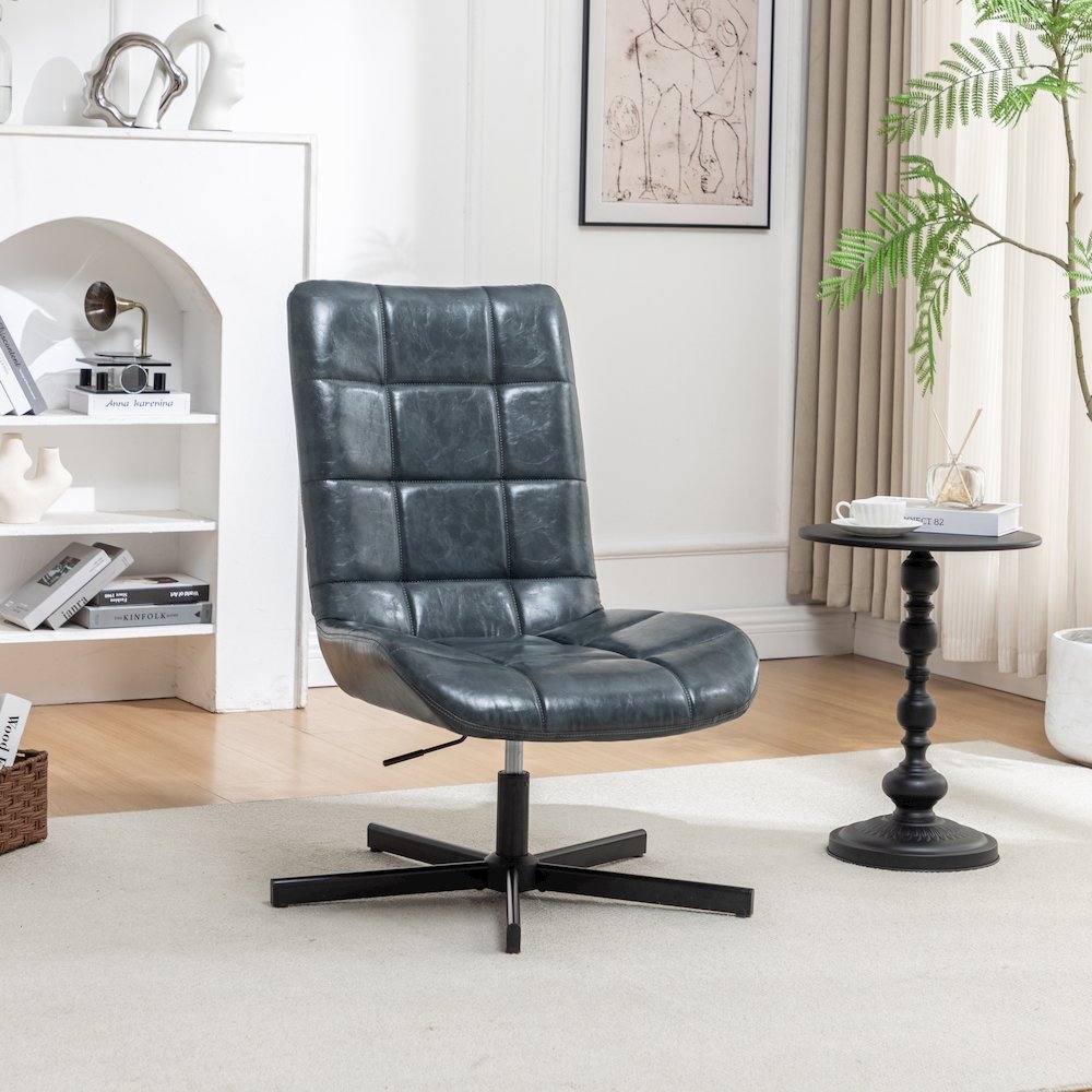 Arlena Faux Leather Tufted Swivel Accent Chair, Blue. Picture 2