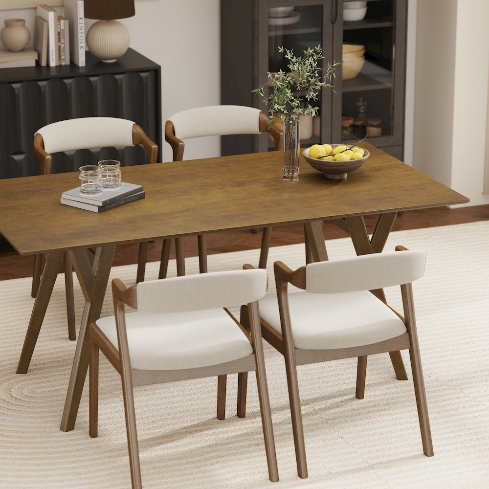 Modern 5-Piece Dining Set, Walnut Finished Dining Table with 4 Brown Chairs. Picture 6