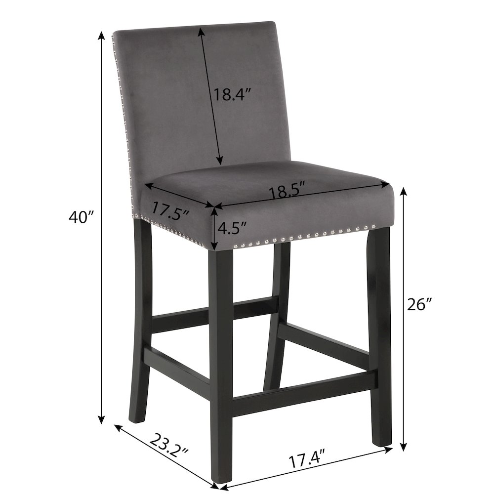 Cobre Contemporary Velvet Counter Stool with Nailhead Trim, Set of 2, Gray. Picture 9