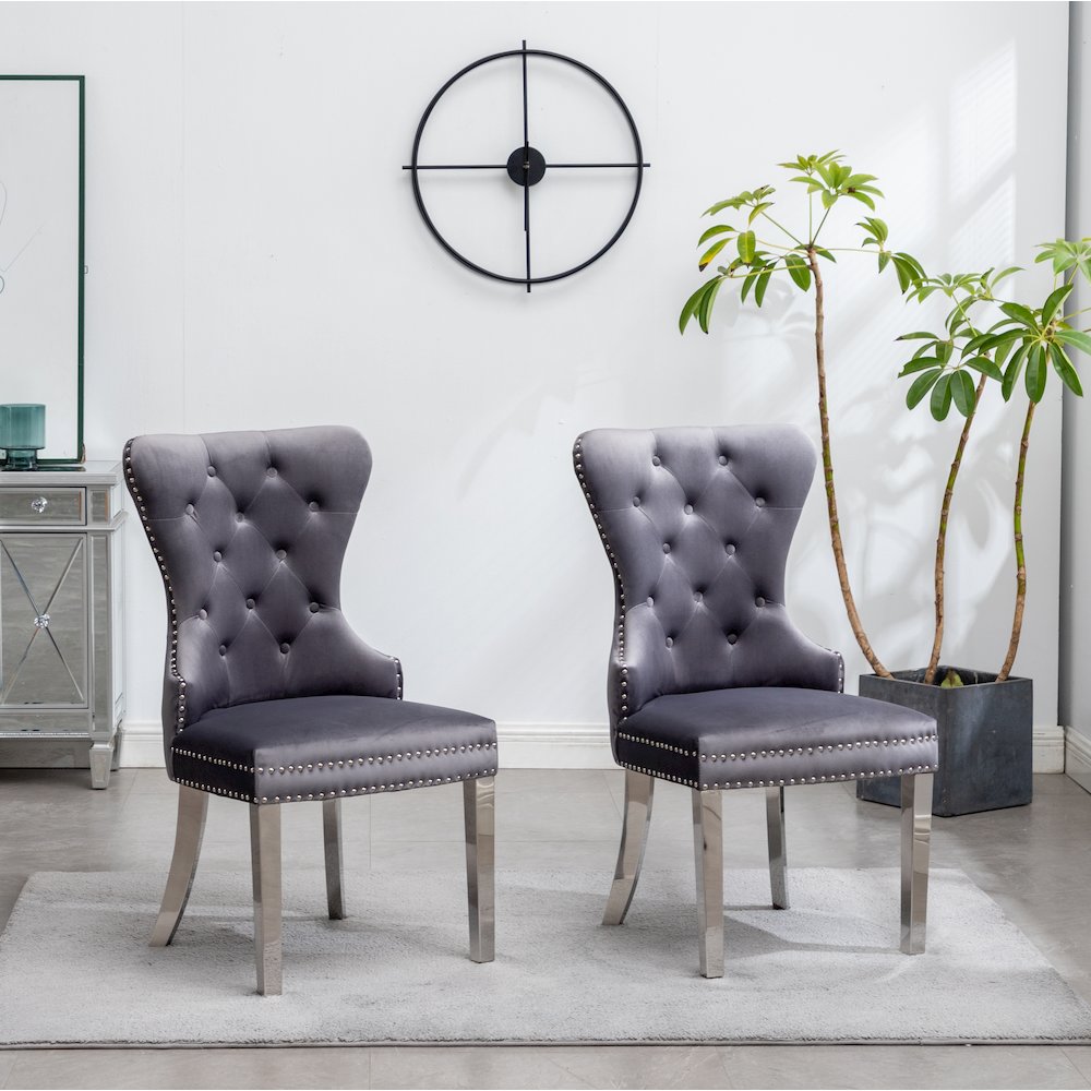 Montura Contemporary Tufted Velvet Chair with Nailhead Trim, Set of 2, Gray. Picture 3