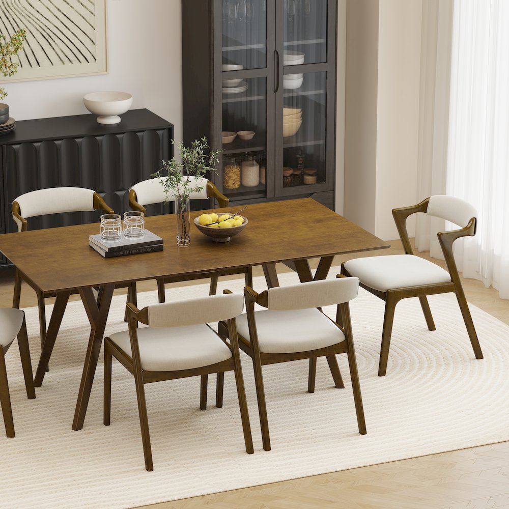 Modern 7-Piece Dining Set, Walnut Finished Dining Table with 6 Brown Chairs. Picture 5