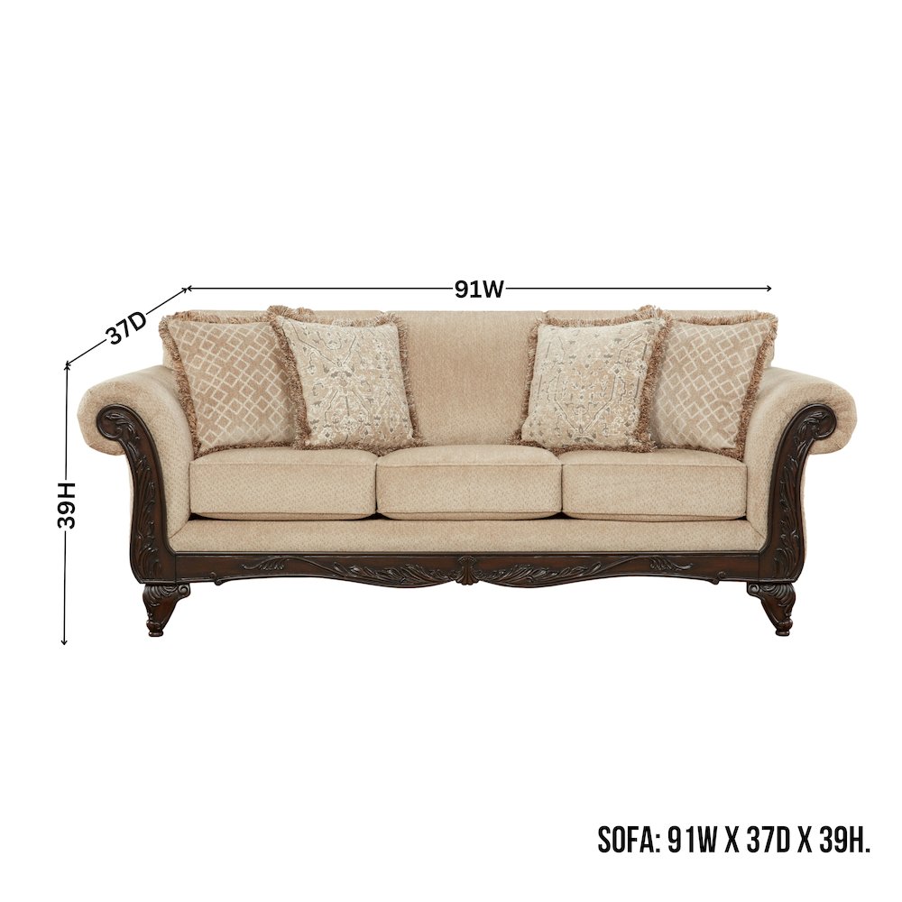 Hernen 2-Piece Living Room Set, Carved Wood Frame Sofa and Loveseat, Emma Wheat. Picture 10