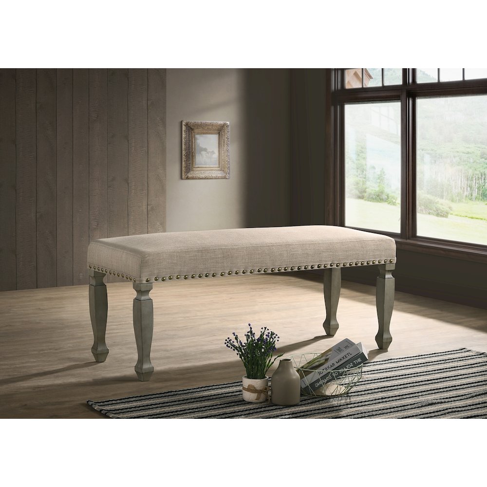 Breda Antique Gray Finish Upholstered Nailhead Bench. Picture 2
