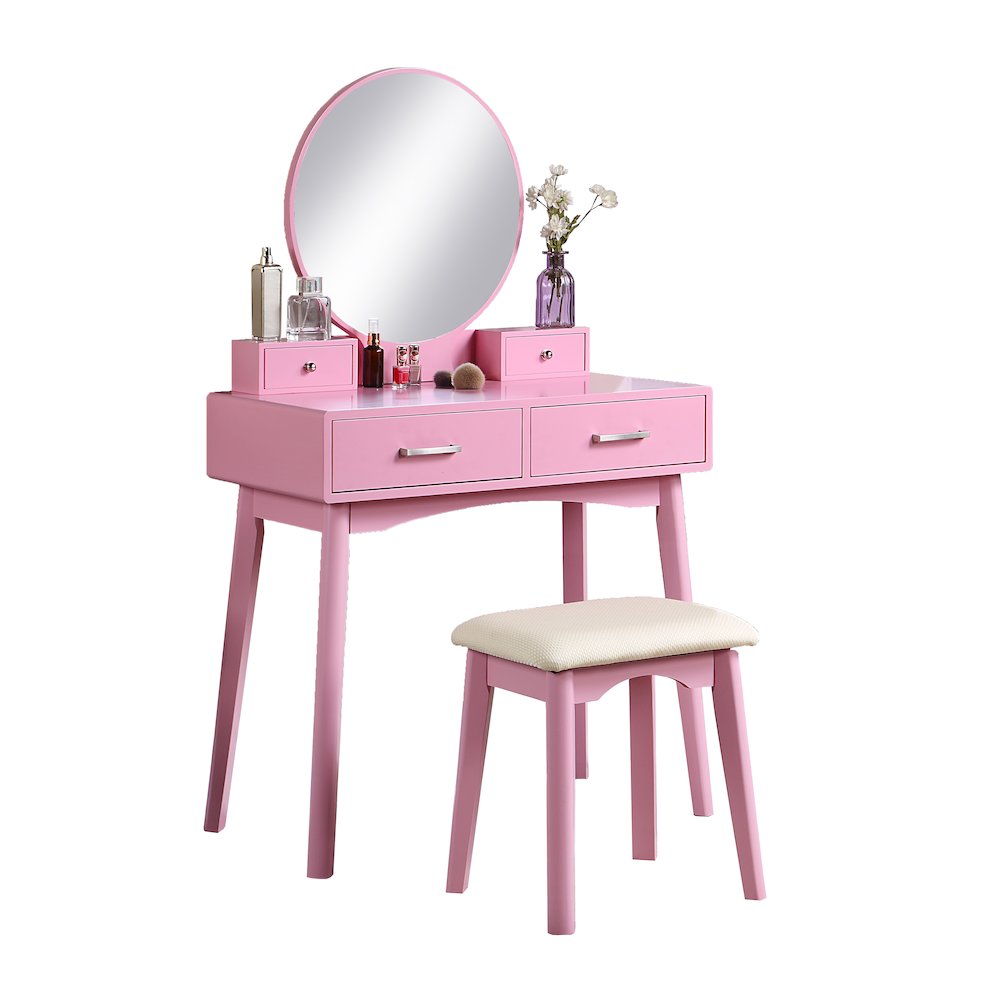 Liannon Contemporary Wood Vanity and Stool Set, Pink. Picture 6