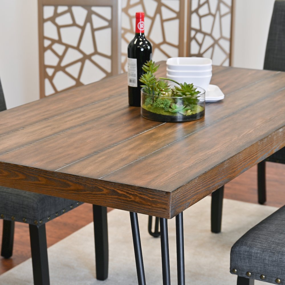 Amisos 6-Pc Dining Set, Hairpin Dining Table with 4 Chairs and  Wood Bench, Gray. Picture 7