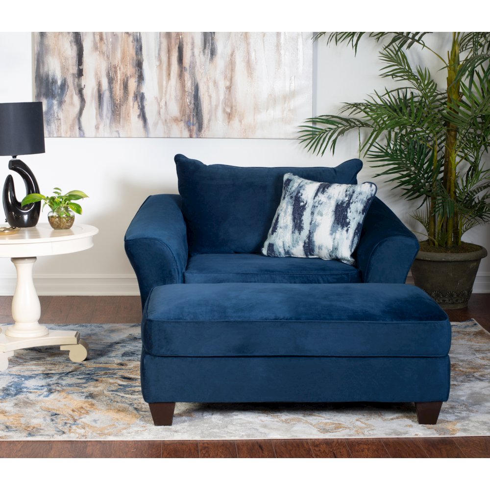 Camero Fabric Pillowback Chair with Ottoman Set in Navy Blue. Picture 3