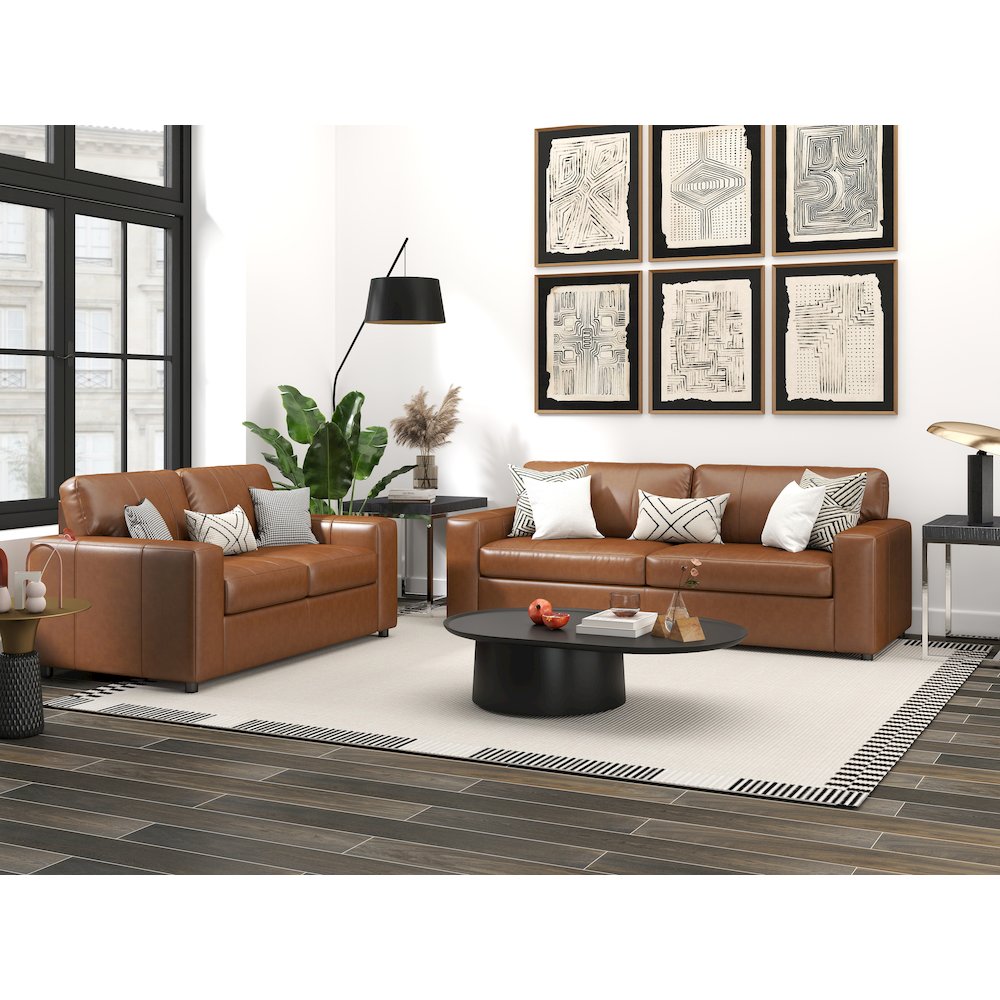 Sakan Leather 3-Pc Living Room Set, Sofa Loveseat and Chair, Caramel. Picture 3