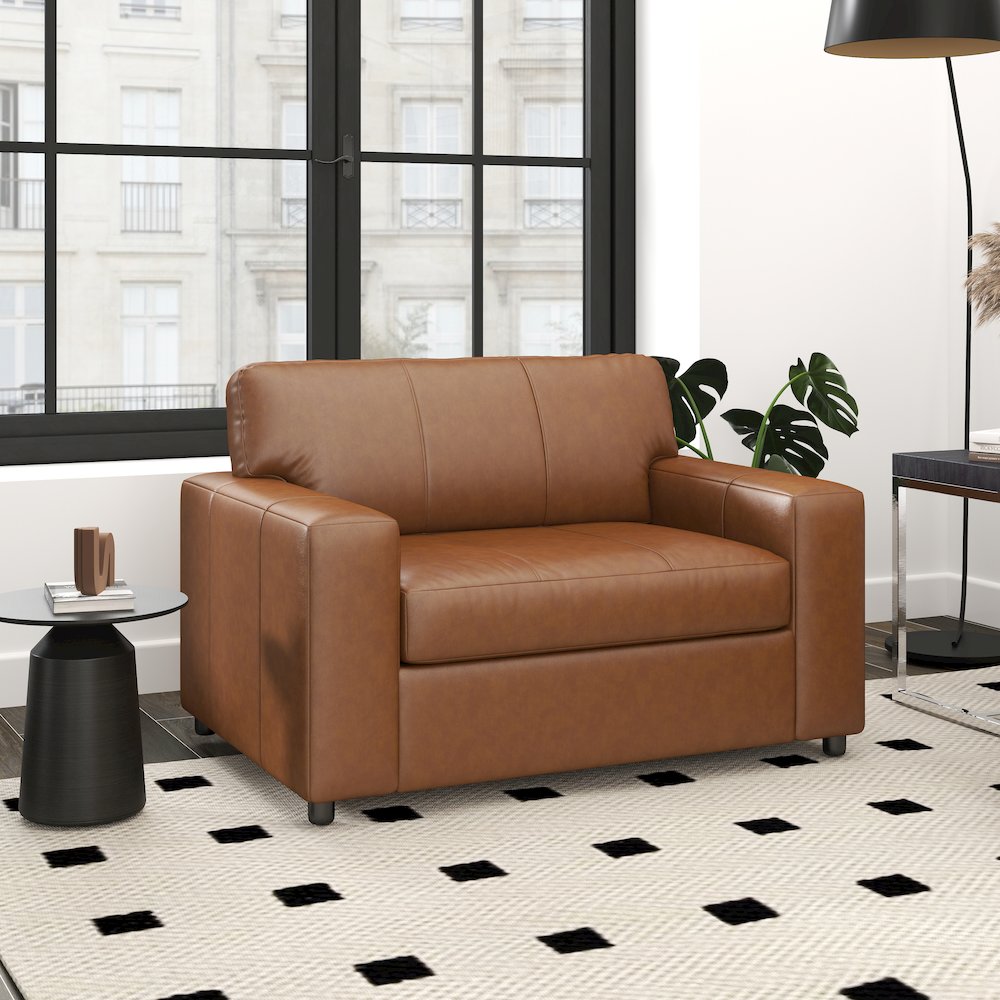 Sakan Leather 3-Pc Living Room Set, Sofa Loveseat and Chair, Caramel. Picture 11