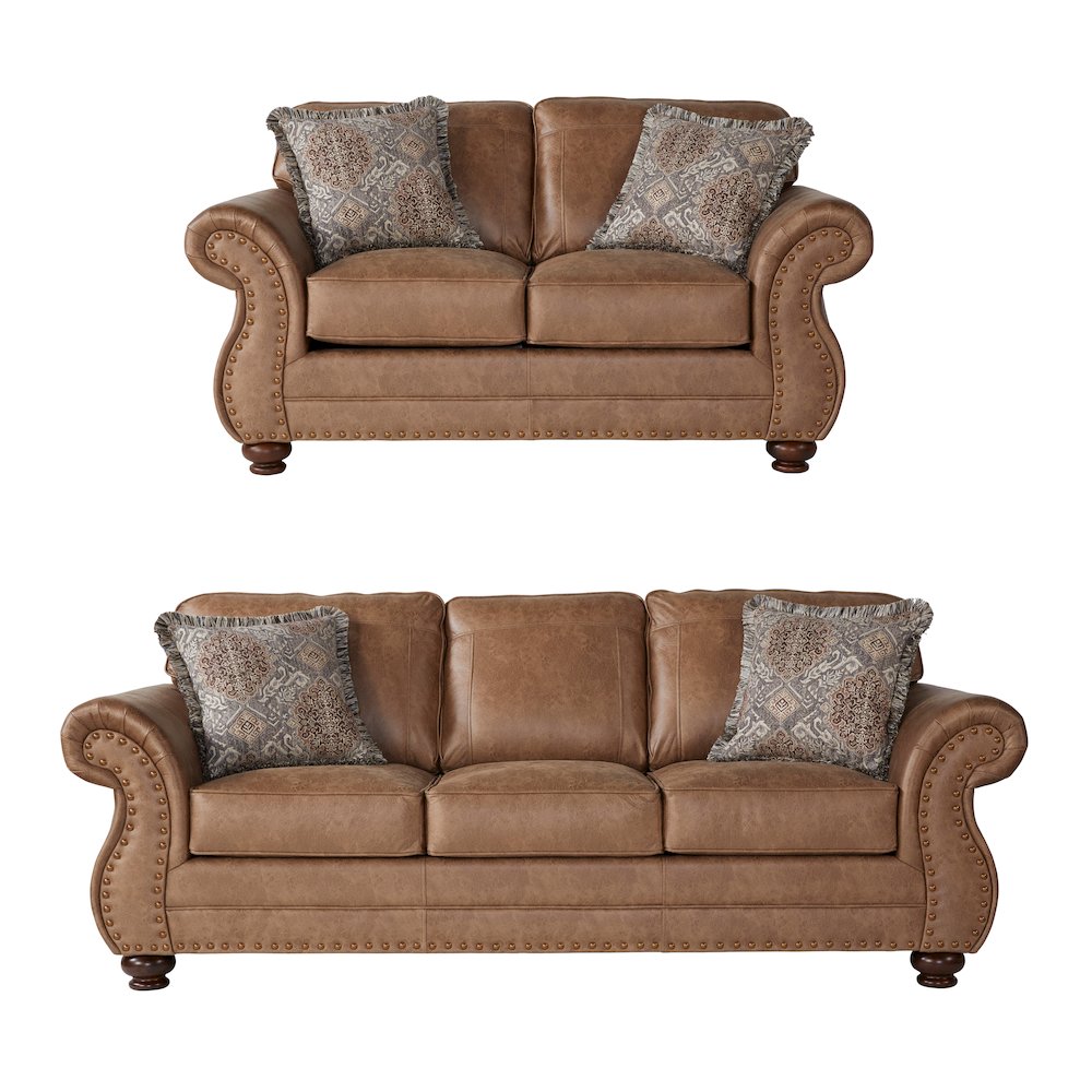 Leinster Faux Leather Sofa and Loveseat with Antique Bronze Nailheads. Picture 1