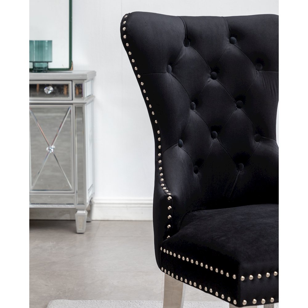 Montura Contemporary Tufted Velvet Chair with Nailhead Trim, Set of 2, Black. Picture 9