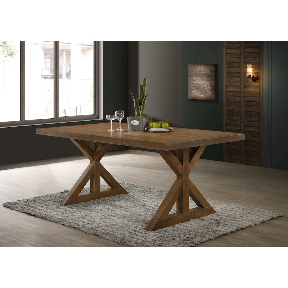 Enna Morden Farmhouse Wood 7-Piece Trestle Dining Set, Brushed Driftwood Finish. Picture 3