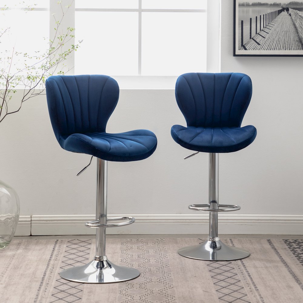 Ellston Upholstered Adjustable Swivel Barstools in Blue, Set of 2. Picture 7