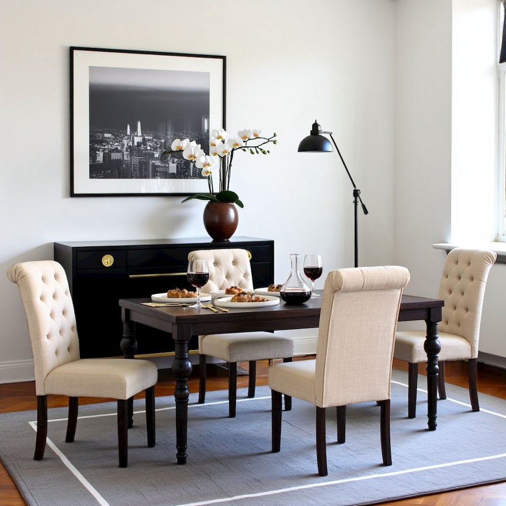 Beige Tan Kitchen Table Chairs Set of 4, Wood Dining Set with Tufted Seats. Picture 2