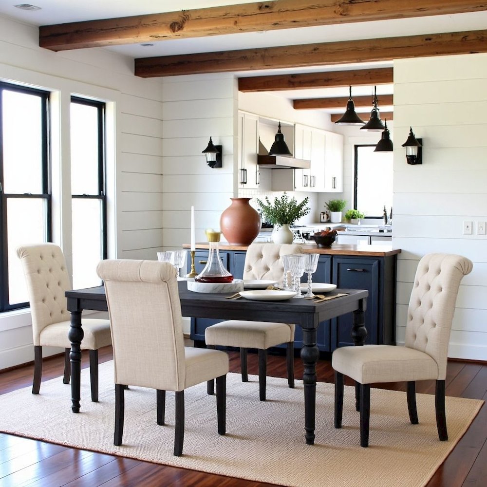 Beige Tan Kitchen Table Chairs Set of 4, Wood Dining Set with Tufted Seats. Picture 3