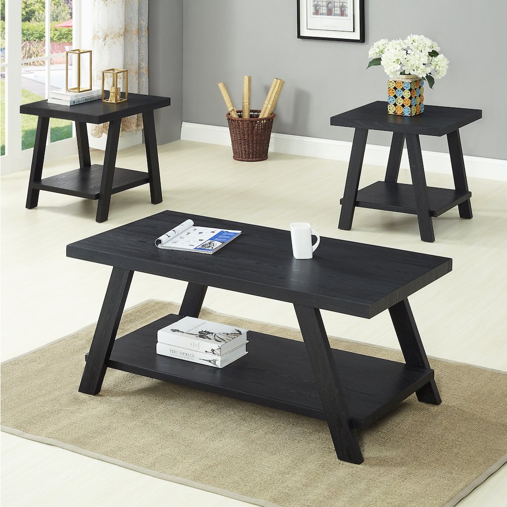 Athens Contemporary Replicated Wood Shelf Coffee Set Table in Black Finish. Picture 2