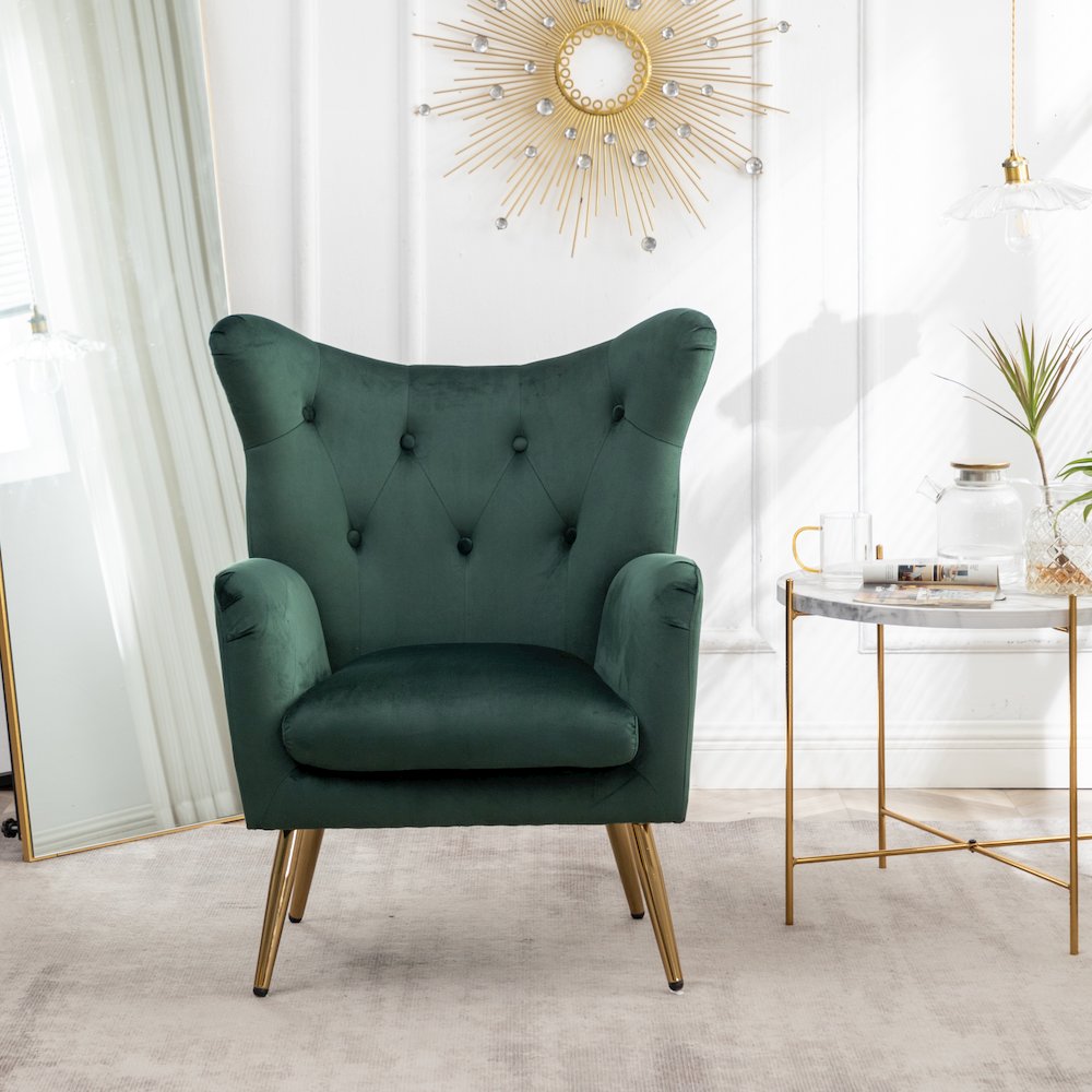 Sovarol Velvet Button-Tufted Wing Back Accent Chair, Green. Picture 4