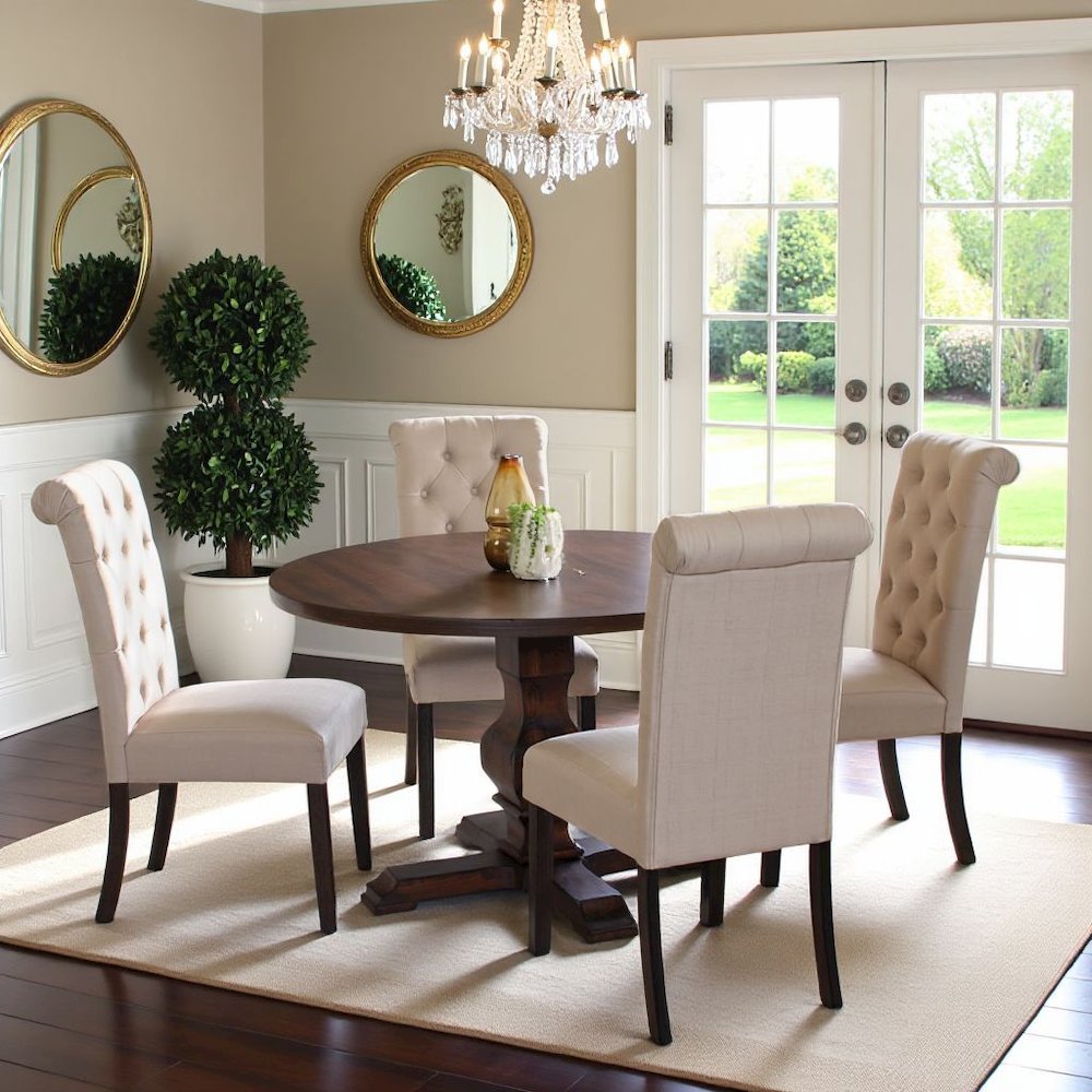 Beige Round Dining Table Set for 4 with Chairs, Ideal for Kitchen Spaces. Picture 2